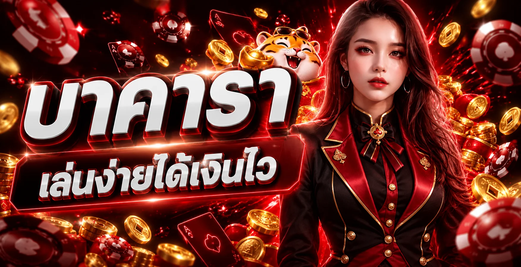 แบนเนอร์บาคาร่า Tiger1234 โทนแดงดำพร้อมเสือนำโชค